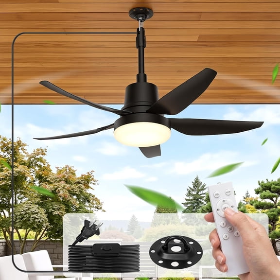 Plug in Ceiling Fan with Light,32" Portable Outdoor Ceiling Fans with Remote-4 Speeds,3000K-6500K LED Fan Light with Hook for Gazebos,Patios,Garage,Camping,RV,Workshops (Black)