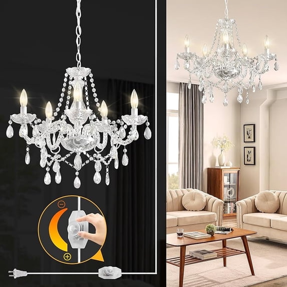 Plug in Chandelier Dimmable,5 Lights K9 Crystal Glass Pendant Light Fixture, Modern White Candle Hanging Chandelier for Bedroom Living Dining Room Kitchen Island