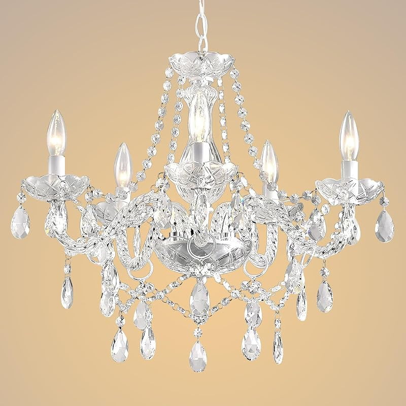 Plug in Chandelier Dimmable,5 Lights K9 Crystal Glass Pendant Light Fixture, Modern White Candle Hanging Chandelier for Bedroom Living Dining Room Kitchen Island