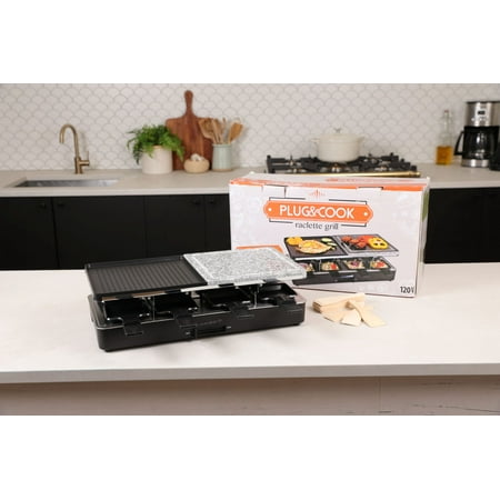 Plug & Cook Electric Raclette Table Grill with Nonstick Grilling Plate & Cooking Stone