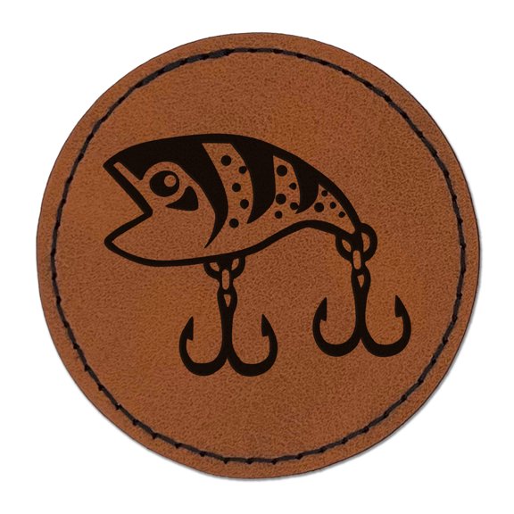 Plug Crankbait Fishing Lure Bait Hooks 2.5" Faux Leather Round Engraved Iron-On Patch - Brown