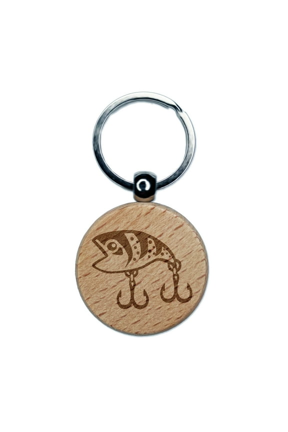 Plug Crankbait Fishing Lure Bait Hooks Round Keychain Charm Tag - Engraved Wood