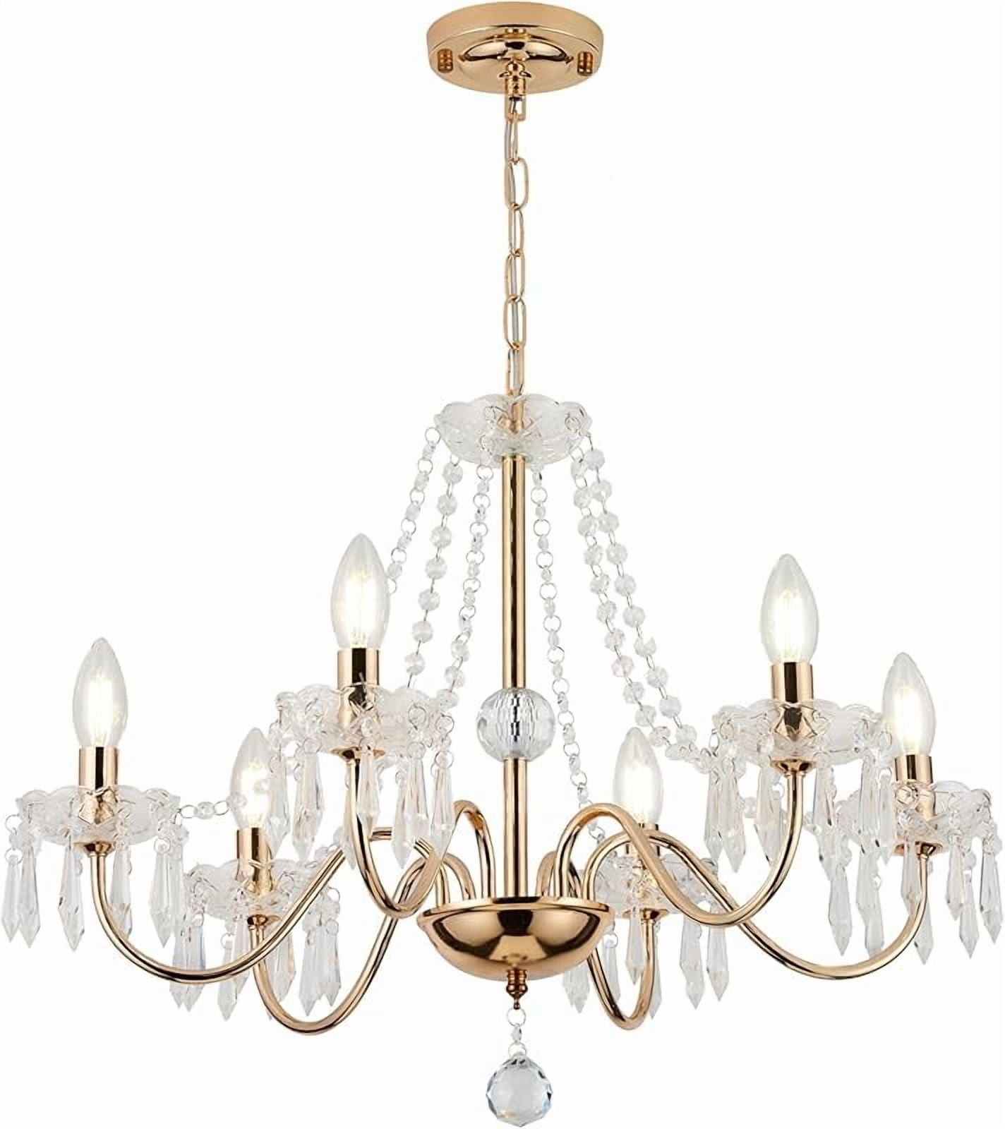 Plug in Crystal Chandelier for Living Room,Golden Hanging Pendant Light with Clear 14.76 ft Cord and On/Off, 6 Light Crystal Chandelier for Wedding, Kitchen, Dining,Foyer