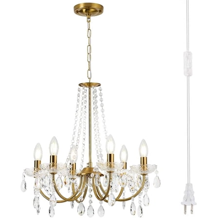 Plug in Crystal Chandelier for Living Room,Golden Hanging Pendant Light with Clear 14.76 ft Cord and On/Off, 6 Light Crystal Chandelier for Wedding, Kitchen, Dining,Foyer