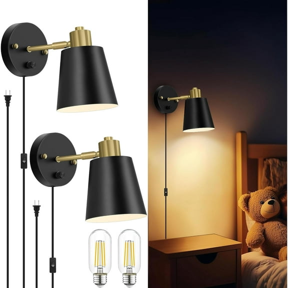 Plug in Dimmable Wall Sconces Adjustable Wall Lights with Plug in Cord and Dimmer on/off Rotary Switch Wall Mounted Light for Bedside Bedroom LivingRoom(2 Bulbs Included)