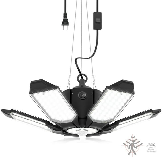 Plug in Garage Light with Motion Sensor - Ultra Bright 200W 20000LM Motion Activated Shop Light with 3 Mode, 6 Deformable LED Panel, 6500K Indoor Motion Light Bulb for Garage, Workshop (1 Pack)