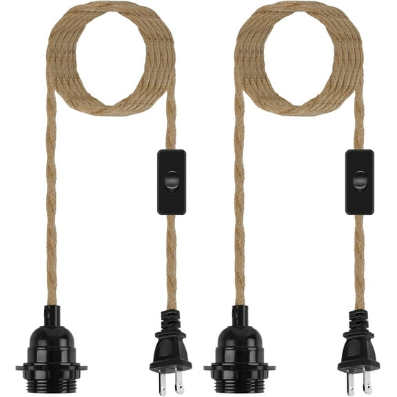 Plug in Hanging Light Cord Kit - 16Ft Pendant Hemp Rope E26 E27 Lamp Socket Lantern Bulb Cord with Plug, On/Off Switch for Vintage Farmhouse Lighting, 2 Pack