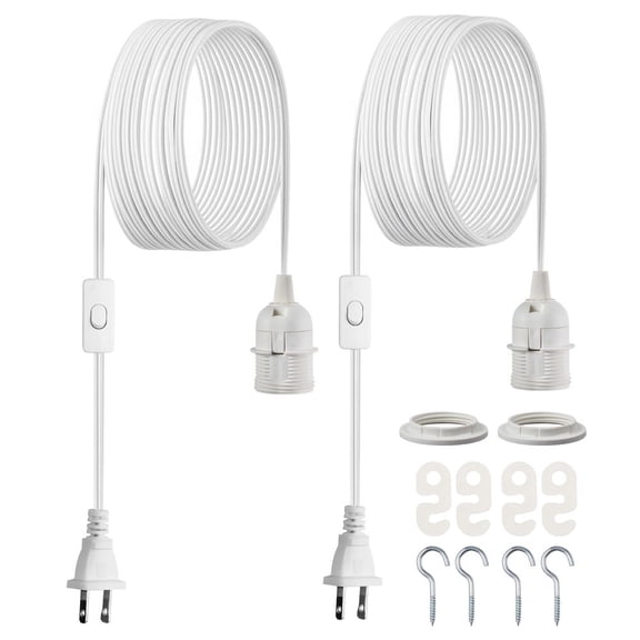 Plug in Hanging Light Cord Kit, 16ft Lantern Extension Cords, 2 Pack E26 Light Socket Lamp Cord Replacement, Secure & Sturdy, Easy to Install, Pendant Lamp Kit On/Off Switch & Socket Rings