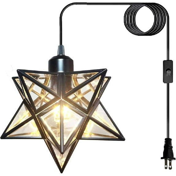 Plug in Hanging Light Fixture with 16.5ft Cord and Switch,Modern Farmhouse Black Moravian Star Pendant Lights Kitchen Island,Hanging Lamps for Bedrooms Hallway Porch Etc(LED Bulb Include)
