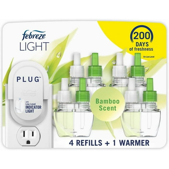 Plug-In Air Freshener, Odor-Fighting Scented Oil Starter Kit, Air Fresheners for Home and Bathroom and Kitchen, Long Lasting for Strong Odors, Bamboo Scent, Warmer + 4 Refill