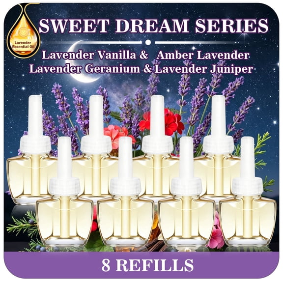 Plug-In Air Freshener Refills 8 Pack, Infused Lavender Essential Oil with Amber, Vanilla, Juniper, Geranium, Soothing Home & Bedroom Fragrance, Fits Air Wick Glade