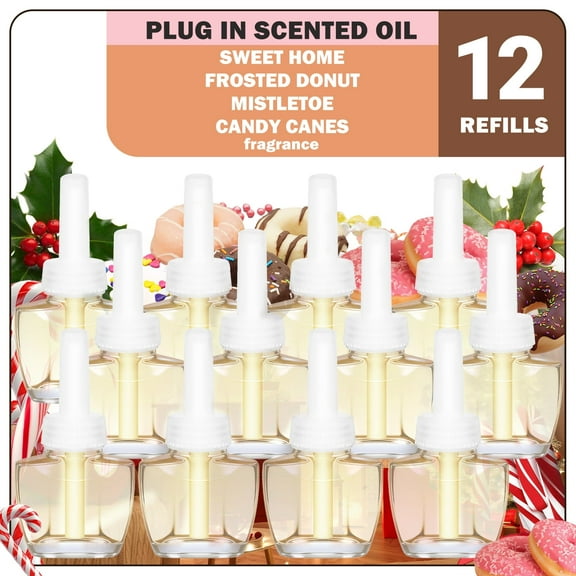 Plug In Air Fresheners, 12 Refills For Home and Bathroom, Compatible with Glade, Air Wick-Cozy Home, Frosted Donuts, Mistletoe, Candy Canes