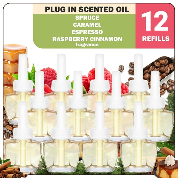Plug In Air Fresheners, 12 Refills For Home and Bathroom, Compatible with Glade, Air Wick-Spruce, Caramel, Espresso, Raspberry&Cinnamon