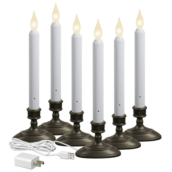 Plug-In Flameless Window Candle, Dusk to Dawn, Extra Bright Warm or White Flame, Aged Bronze, 6-Pack