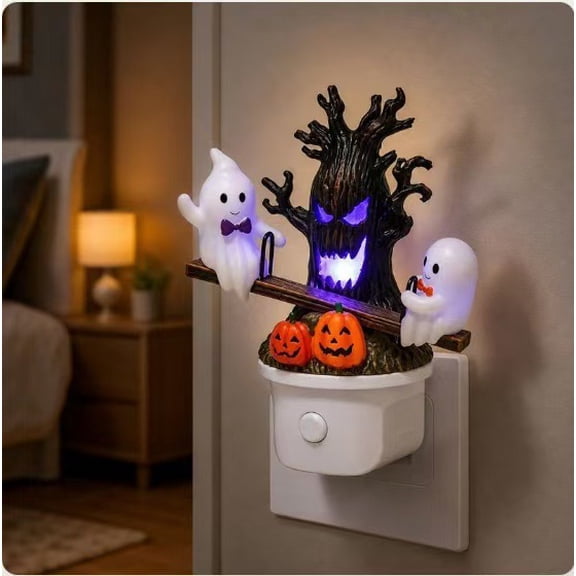 Plug-In Halloween Ghost Seesaw Night Light - Resin Spooky Figurine with Glowing Tree Trunk, Pumpkins & Spectral Haunters, Whimsical Plug-in Accent for Bathroom, Hallway, or Festive Home Decor.