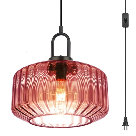 Plug In Hanging Light Glglobe Pendant Mid Century Modern Fixture With 14.7 Ft Cord Purple Striped Shade For Living Dining Room Farmhouse Kitchen