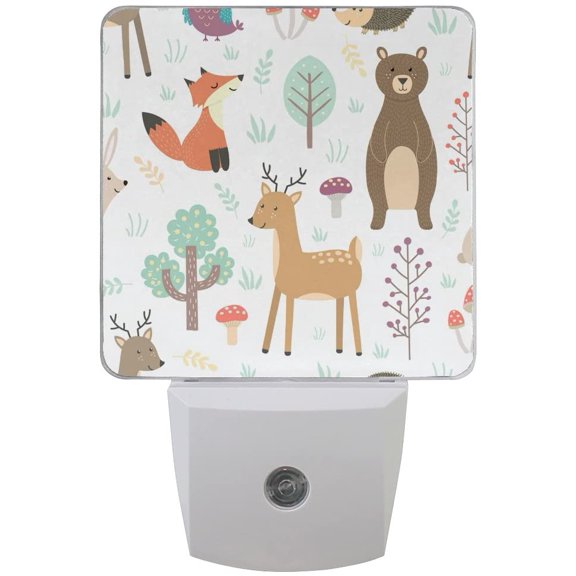 Plug-In Night Light Forest Cute Animals Printed LED Nightlight, Dusk-To-Dawn Sensor, Bedroom, Bathroom, Kitchen, Hallway, Stairs, Energy Efficient, 2-pack, 0.5W