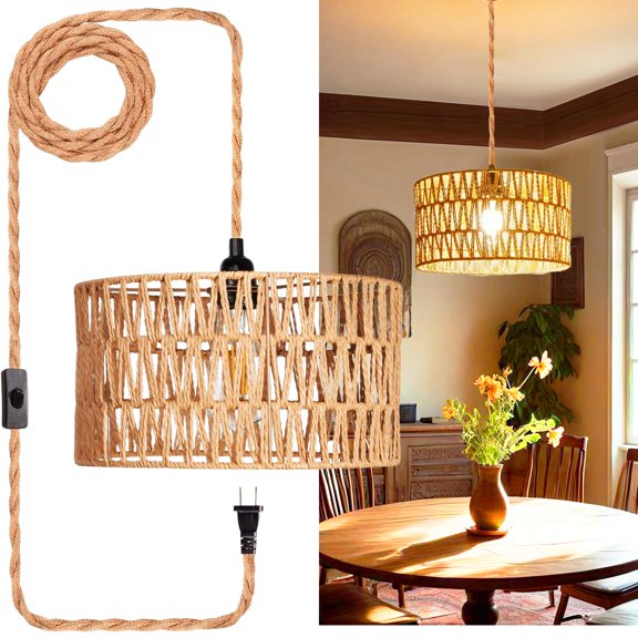 Plug In Pendant Light Rattan Hanging Lights With Cord Handmade Lamp Fixtures Ceiling For Living Room Bedroom