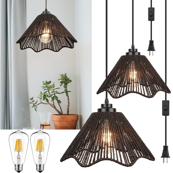Plug-In Rattan Pendant Lights Boho Hanging Lamp With Switch Cord For Bedroom Kitchen Decor