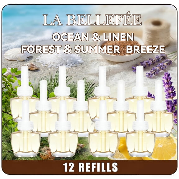 Plug-In Refills Air Freshener, 12-Pack with Ocean, Linen, Forest & Summer Breeze Scents for Home, Compatible with Air Wick & Glade