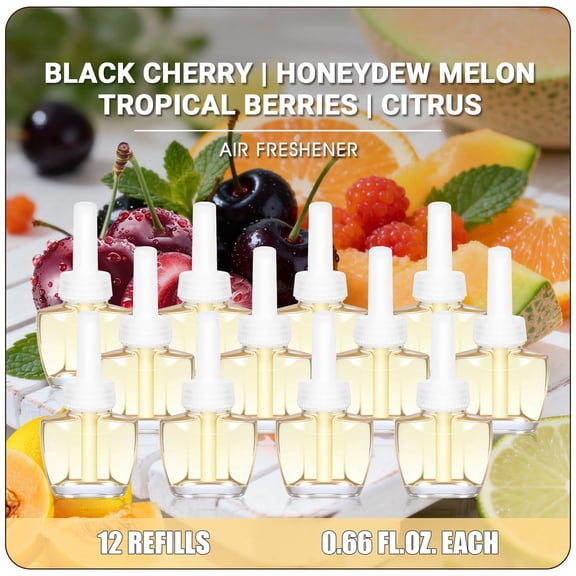 Plug in Scented Refills, 12ct PlugIns Summer Air Freshener Compatible with Glade, Air Wick-Black Cherry, Citrus, Tropical Berries, Honeydew Melon
