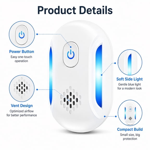 Plug-In Ultrasonic Pest Repeller with Dual Modes and Soft Side Light, Indoor Electronic Deterrent for Mice, Roaches, Ants, Spiders and Common Household Pests