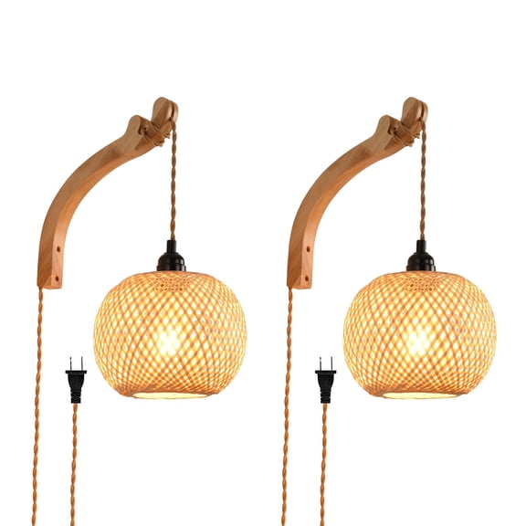 Plug In Wall Sconce Farmhouse Wicker Lamp Hand Woven Rattan Light Rustic Boho Sconces Lighting For Living Room Bedroom