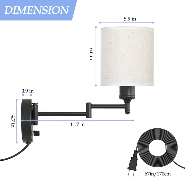 Black Swing Arm Wall Sconce – Adjustable Plug-in Lamp For Reading, Living Room, Office, E27 Bulb