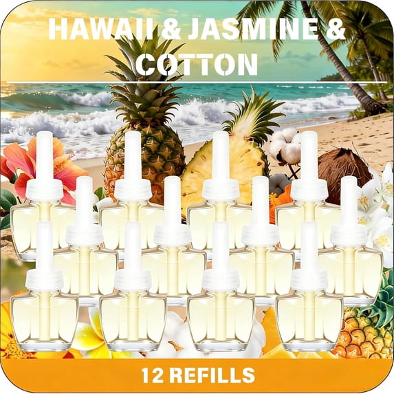 Plug Ins Refills Air Freshener 12 Pack,Hawaiian, Jasmine & Cotton, for Home and Bathroom 7.92 Fl Oz Compatible with Air Wick & Glade Not Include Glade Plus