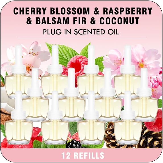 Plug Ins Refills Air Freshener, Cherry Blossom, Raspberry, Balsam Fir, Coconut, for Home and Bathroom 7.92Fl Oz 12 Count, Compatible with Air Wick & Glade