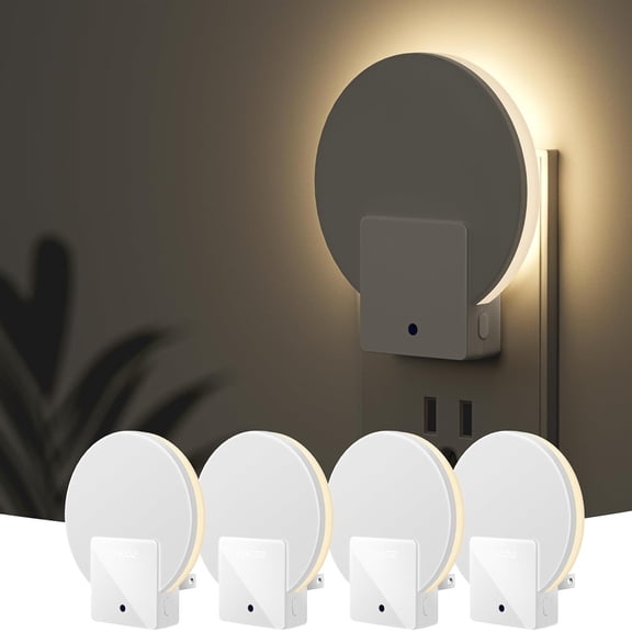 Plug in LED Backlit Night Light with Auto Dusk to Sensor, 1-50 LM Dimmable Warm White Nightlight Indoor for Bedroom, Bathroom, Room, Pet House, Kitchen, Stairs, Hallway, 4 Pack