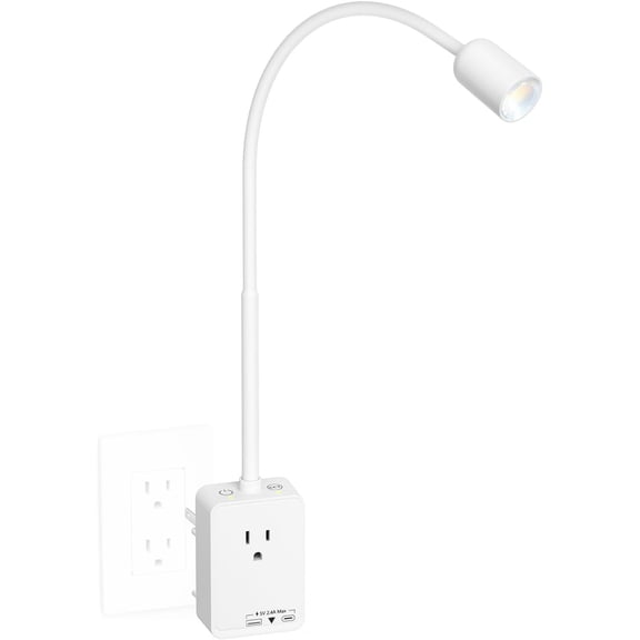 Plug in LED Book Reading Spot Light, White Dimmable Wall Sconce Lamp with Power Plug and Outlet Extender for Kitchen Bedroom Living Room, 3 Lighting Colors, USB Output  Ports