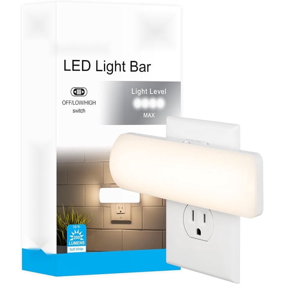 Plug in LED Night Light with Manual High/Low/Off Switch  Adjustable 50-200 Lumen Soft White Guide Light for Hallways, Bedrooms, and Bathrooms (1-Pack)