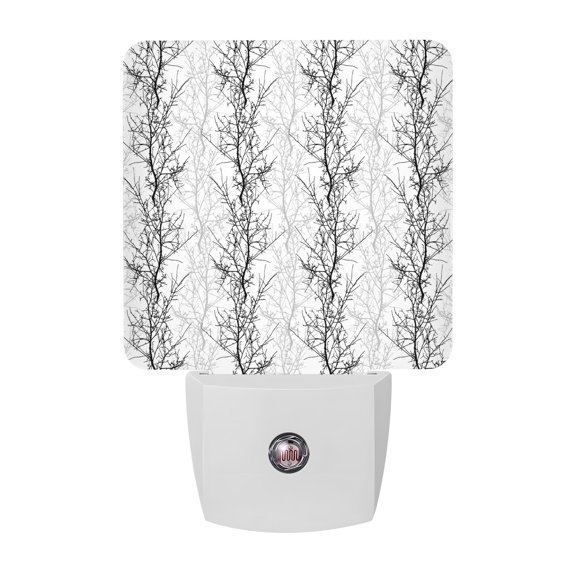 Plug in LED Night Lights Black Grey Botanical Tree Branch Nightlight with Auto Dusk to Dawn Sensor,Abstract Stripe Plant on White Energy Saving Lamps for Bedroom Hallway Bathroom Nursery