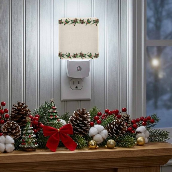 Plug in LED Night Lights Christmas Pine Cones Branches Vine Nightlight with Auto Dusk to Dawn Sensor,Green Botanical Leaf on Linen Energy Saving Lamps for Bedroom Hallway Bathroom Nursery