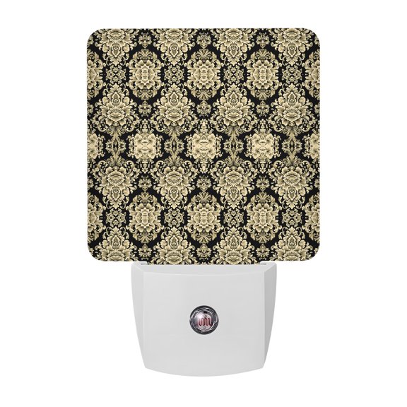 Plug in LED Night Lights Classical Damask Nightlight with Auto Dusk to Dawn Sensor,Retro Boho Vintage Black Gold Floral Energy Saving Lamps for Bedroom Hallway Bathroom Nursery