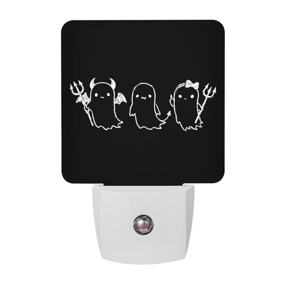 Plug in LED Night Lights Halloween Funny Ghost with Forks Nightlight with Auto Dusk to Dawn Sensor,White Devil Sketch on Black Energy Saving Lamps for Bedroom Hallway Bathroom Nursery