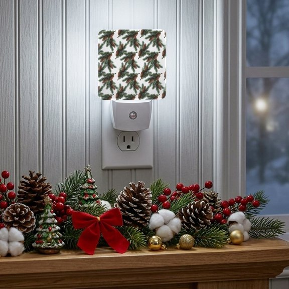 Plug in LED Night Lights Watercolor Pine Cone Leaf Nightlight with Auto Dusk to Dawn Sensor,Christmas Winter Botanical Energy Saving Lamps for Bedroom Hallway Bathroom Nursery