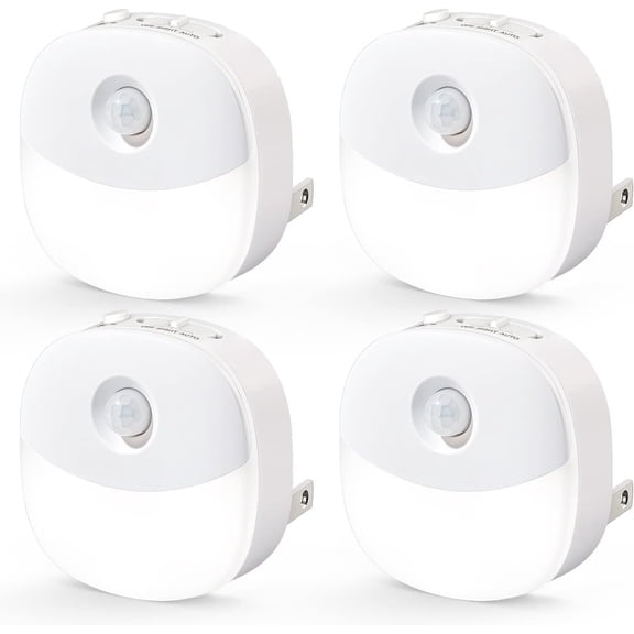 Plug in Night Light with Motion Sensor and Dusk to Sensor, Mini Cool White LED Nightlight with 1-50 lm Adjustable Brightness for Bathroom, Hallway, Stairs, Bedroom, Kitchen, 4 Packs