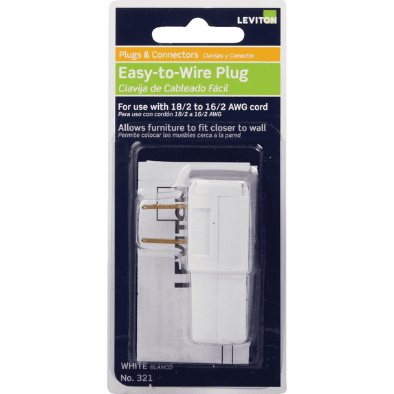 Leviton 321 Cord & Plug in White — UL Listed for US Residential Electrical Code Compliance, Drop-in NEC-Standard Wiring
