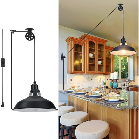 Plug in Pendant Light with 14.76ft Cord on/off Switch Pulley Pendant Lamp Houseplant Grow light Hanging Light Fixture for Kitchen Island, Sink, Pool Table, Bedroom, 1 Pack