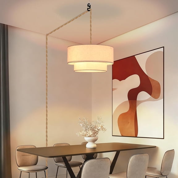 Plug in Pendant Light, 2-Tier Drum Linen Pendant Lights with 15.7FT Handmade Woven Light Cord17.7" Plug in Chandelier for Dining Room Kitchen Island and Bedroom