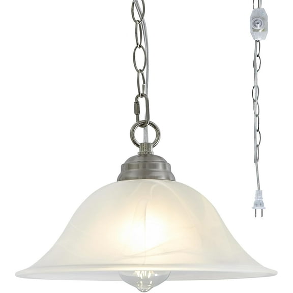 Plug in Pendant Light Alabaster Glass Shade Hanging Lamp with On/Off Switch,16.4Ft Cord & 14.7Ft Chain Dimmable Brushed Nickel Swag Light Fixture for Kitchen Sink Bar Nook Farmhouse