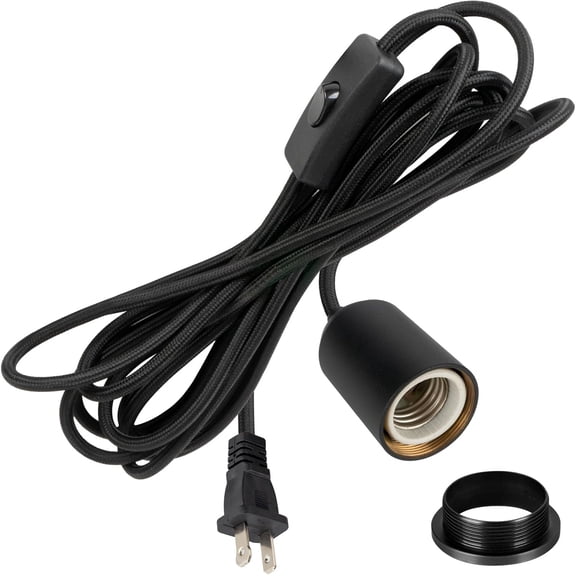 Plug in Pendant Light Cord with Switch,Braided Hanging Lamp Kit with Ceramic Bulb Socket,DIY Lamp Shade Replacement Cord,Swag Light kit Fixture Fabric Wrapped Cable 15ft Black