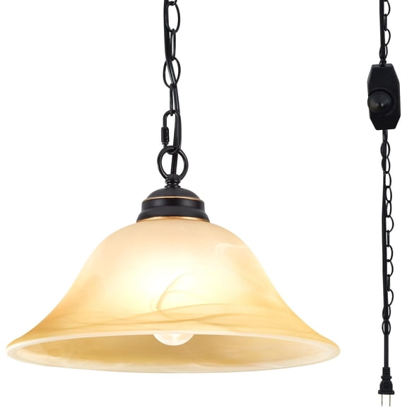 Plug in Pendant Light Fixture with Retro Alabaster Glass Shade, Black & Gold Hanging Lamp with Dimmable Switch,16.4Ft Cord & 14.7Ft Chain for Kitchen Sink Corner Nook
