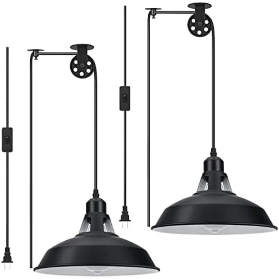 Plug in Pendant Light, Hanging Lamp with Black Barn Pendant Lighting with 14.76ft Cord On/Off Switch, Adjustable Pulley Hanging Pendant Lighting for Kitchen Bedroom Restaurant 2 Pack