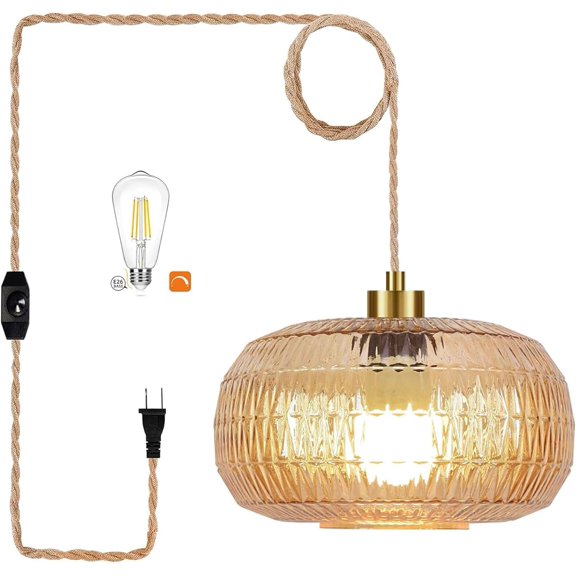 Plug in Pendant Light Hanging Lights with in Cord Mid Century Modern Gold Hanging Lamp Flower Glass Amber Vintage Dimmable Chandelier Ceiling Fixture for Living Room,Kitchen,Boho