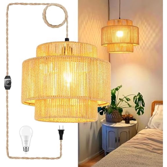 Plug in Pendant Light Hanging Lights with Plug in Cord Boho Hanging Lamp Dimmable,Rattan Wicker Woven Bamboo Lamp Shade, Plug in Ceiling Light Fixture for Living Room Bedroom Kitchen