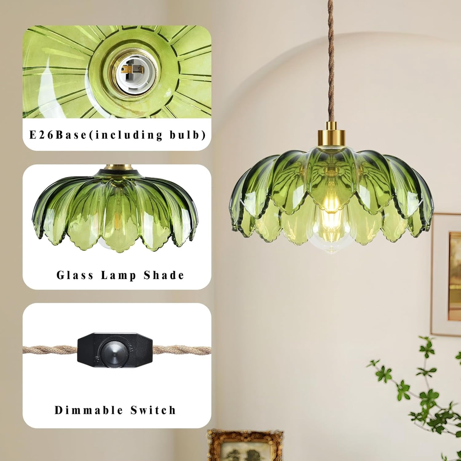 Plug in Pendant Light Hanging Lights with Plug in Cord Boho Hanging Lamp Glass Gold Mid Century Modern Vintage Dimmable Green Flower Plug in Chandelier Ceiling Fixture for Living Room,Kitchen