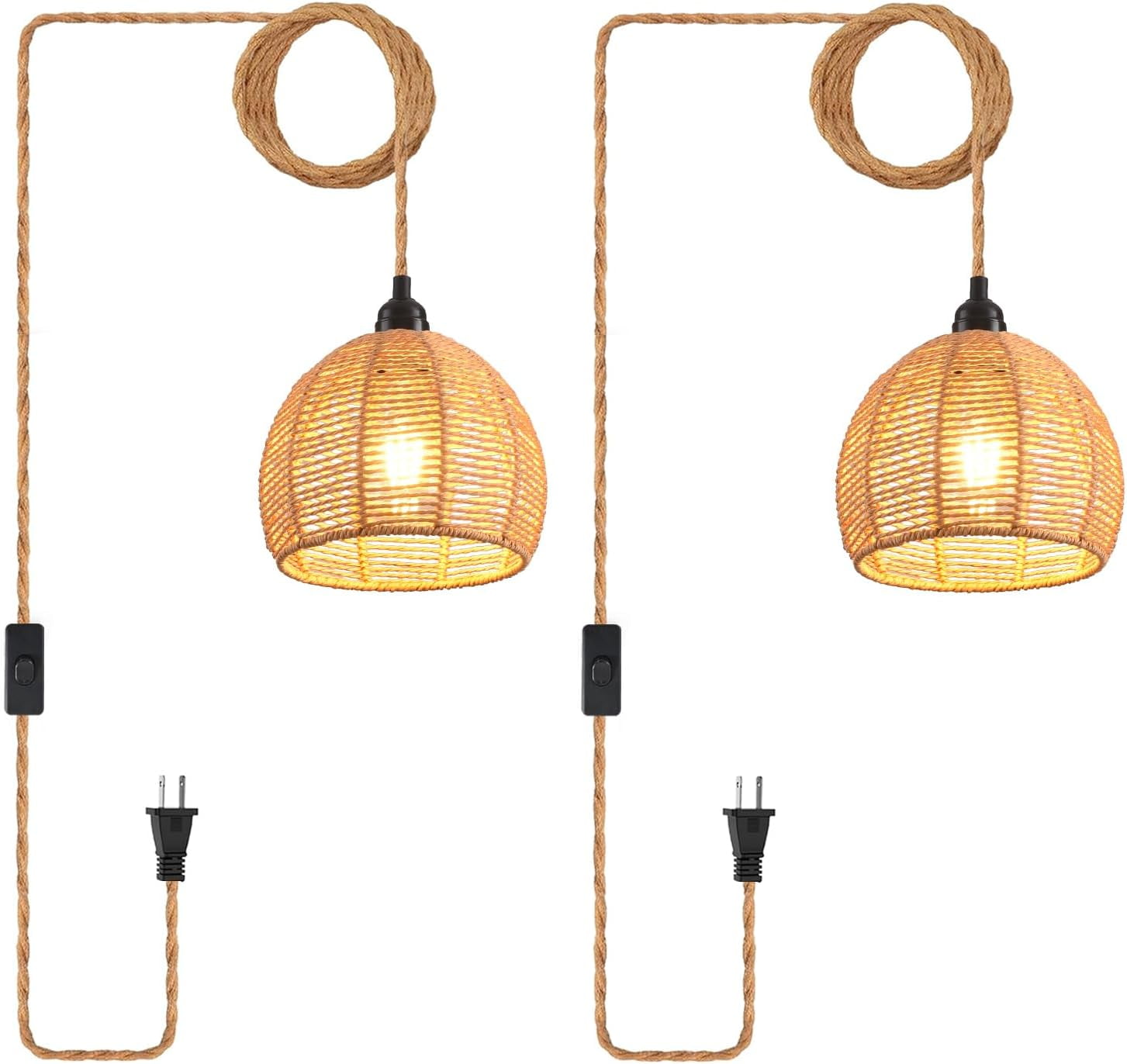 Industrial Farmhouse Pendant Light - Plug-in Hanging Lamp With Rattan Shade & 15ft Cord